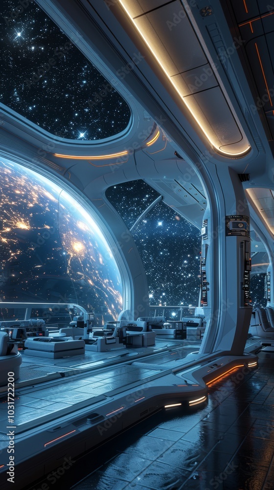 Fototapeta premium Futuristic spaceship interior overlooking Earth at night with vibrant stars shining in the background