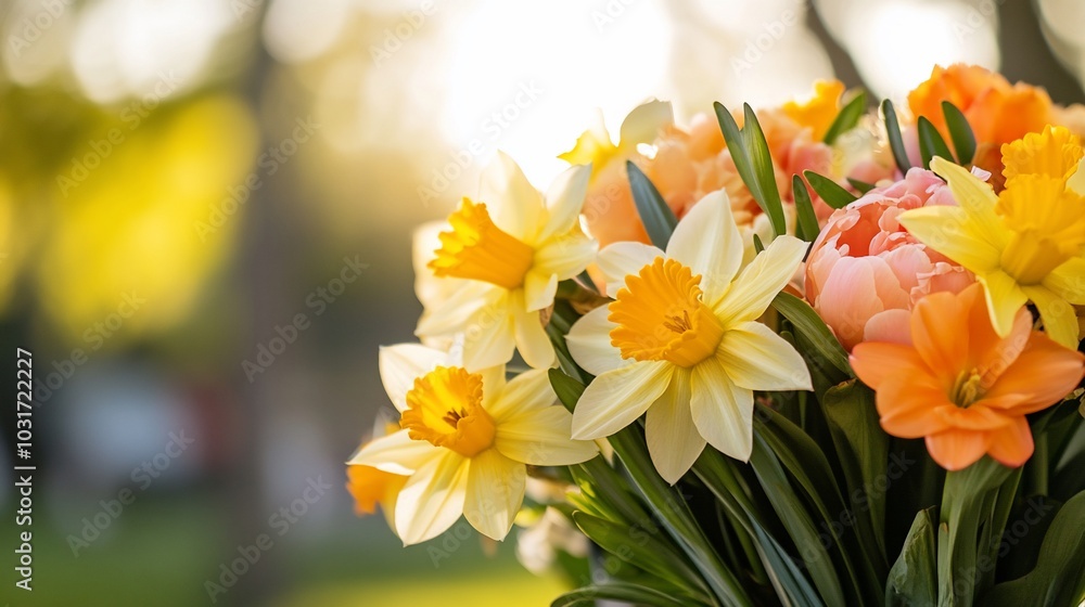 A vibrant bouquet of flowers in soft sunlight, showcasing spring beauty. A vibrant bouquet of flowers in soft sunlight, showcasing spring beauty.