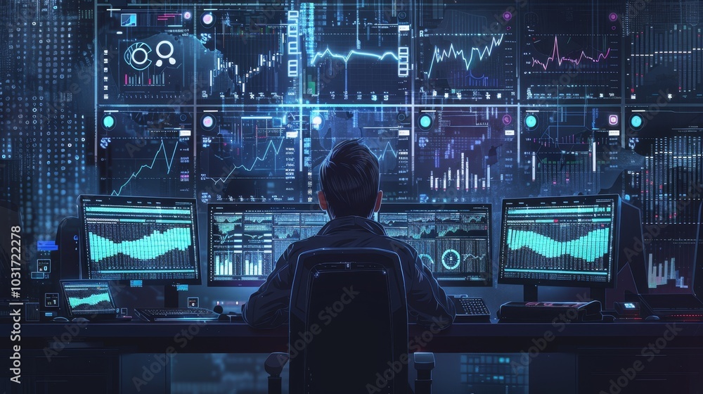 Analyzing data trends at a high-tech workstation with multiple screens during nighttime hours Analyzing data trends at a high-tech workstation with multiple screens during nighttime hours