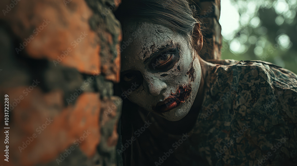 A woman with white face paint and red lipstick is leaning against a brick wall A woman with white face paint and red lipstick is leaning against a brick wall