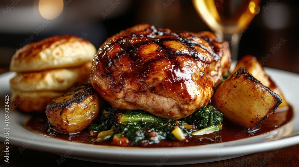 A sumptuous plate of roasted chicken adorned with charred vegetables and dressed in rich, savory sauce, exemplifying a gourmet dining experience in rustic setting. A sumptuous plate of roasted chicken adorned with charred vegetables and dressed in rich, savory sauce, exemplifying a gourmet dining experience in rustic setting.