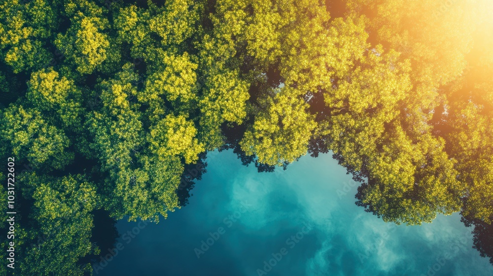 Aerial view of vibrant green trees surrounding a calm body of water under sunlight. Aerial view of vibrant green trees surrounding a calm body of water under sunlight.