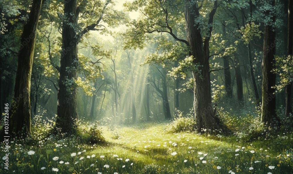 Sunbeams through trees in a forest clearing. Sunbeams through trees in a forest clearing.
