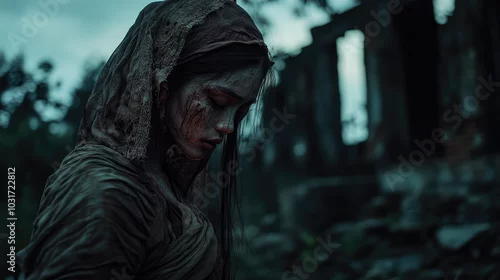 Fototapeta A woman in a hooded robe is covered in blood and appears to be in a dark
