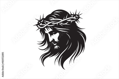 Minimalist Black Silhouette of Jesus Christ with Crown of Thorns  Clean Line Art 43.eps