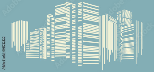 An abstract minimalist depiction of skyscrapers in an urban skyline. The geometric shapes and clean lines create a stylized silhouette of a city
