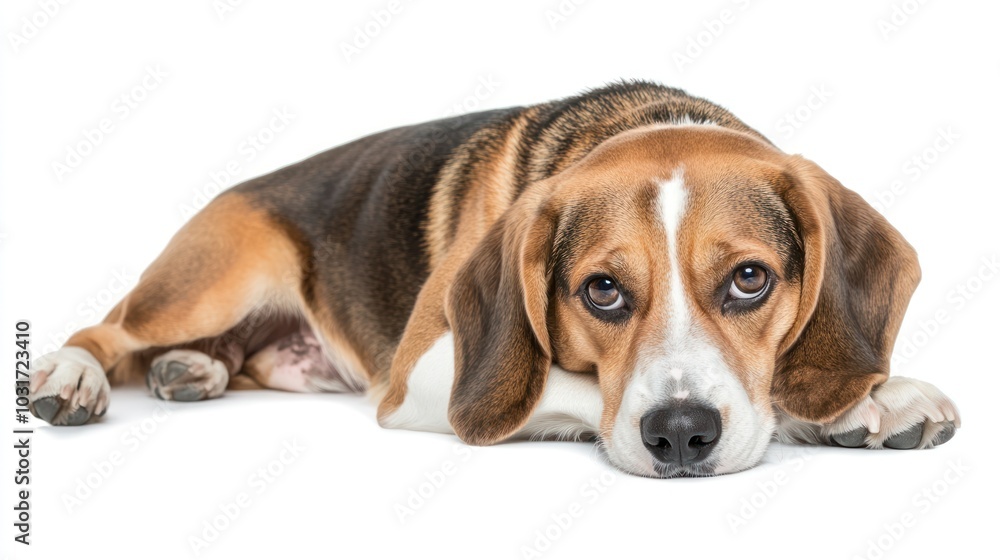 A beagle dog lying down, looking relaxed and attentive. A beagle dog lying down, looking relaxed and attentive.