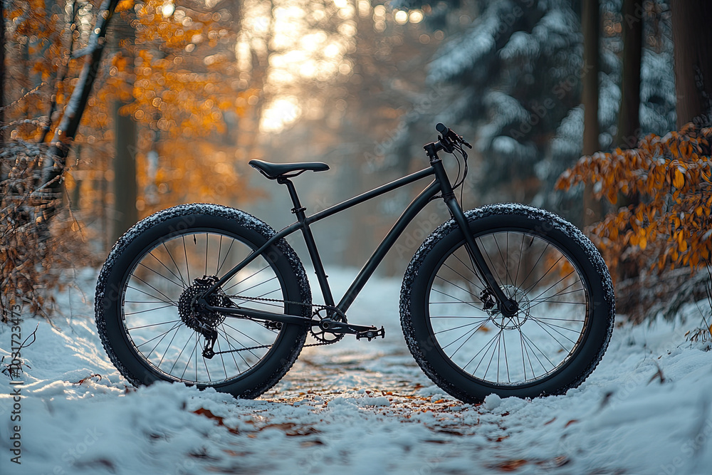 Black mountain bicycle is in a winter park among snow covered trees. Active lifestyle in winter