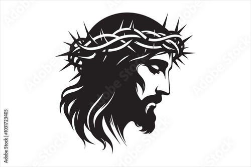 Minimalist Black Silhouette of Jesus Christ with Crown of Thorns  Clean Line Art 50.eps