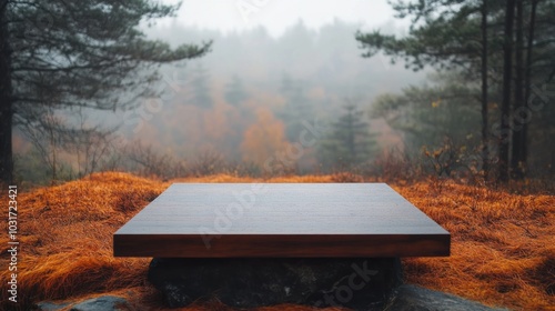 A serene wooden platform surrounded by autumn foliage and misty trees.