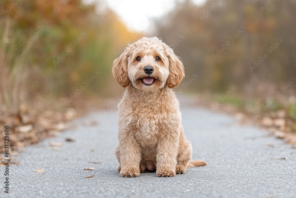 image of a little cinnamon dog sitting in the middle of a road. image of a little cinnamon dog sitting in the middle of a road.