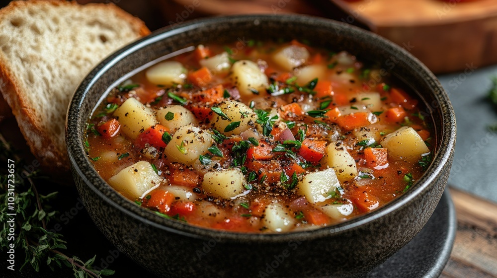 Hearty vegetable soup with carrots, potatoes, celery, and herbs, served in a deep bowl with a slice of crusty bread Hearty vegetable soup with carrots, potatoes, celery, and herbs, served in a deep bowl with a slice of crusty bread