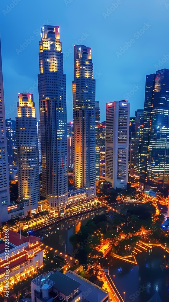 Obraz premium City skyline illuminated at dusk with towering skyscrapers and vibrant lights reflecting in the water near the waterfront in Singapore