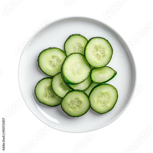 Cucumber slices on plate, white background