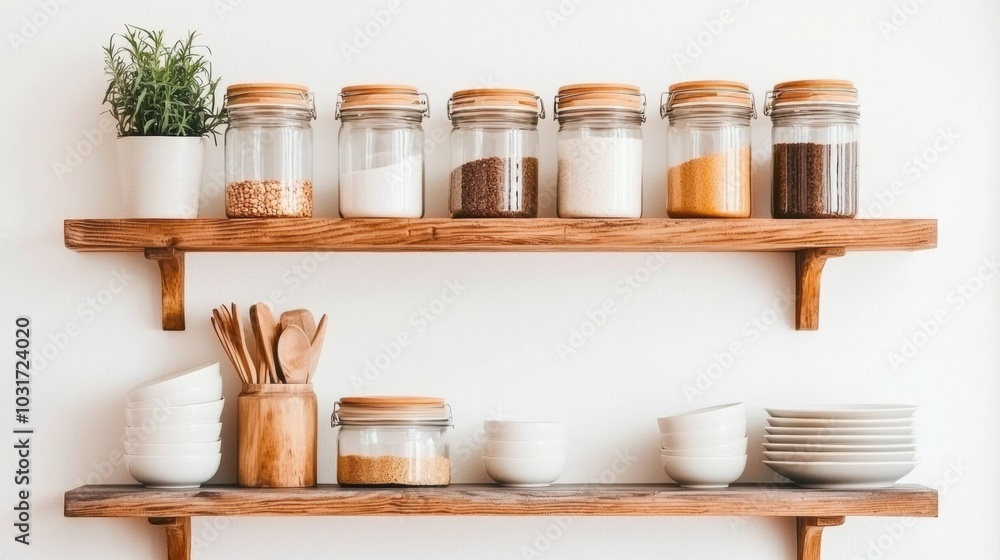 Rustic Wooden Spice Jars Organized on Shelves in Minimalist Kitchen Rustic Wooden Spice Jars Organized on Shelves in Minimalist Kitchen