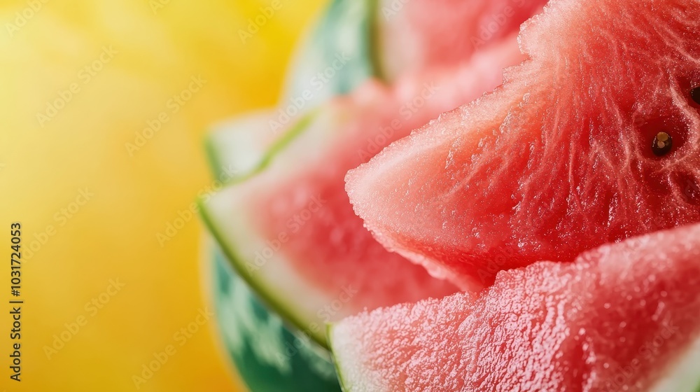A vibrant, detailed close-up image capturing the fresh, juicy texture and rich pink-red color of watermelon slices, emphasizing their appetizing nature. A vibrant, detailed close-up image capturing the fresh, juicy texture and rich pink-red color of watermelon slices, emphasizing their appetizing nature.