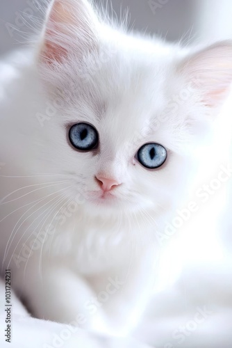  A small, white kitten with blue eyes lies on a white blanket, gazing at the camera with a serious expression