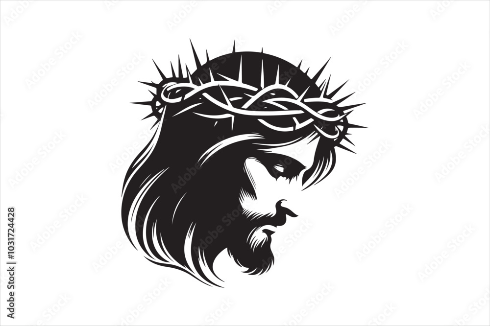 Fototapeta premium Minimalist Black Silhouette of Jesus Christ with Crown of Thorns Clean Line Art 56.eps