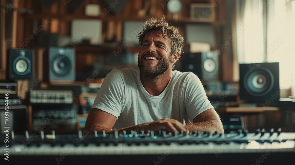 A joyful man in a casual outfit laughing in a music studio, surrounded by sound equipment, synthesizers, and speakers, conveying creativity and passion for music. A joyful man in a casual outfit laughing in a music studio, surrounded by sound equipment, synthesizers, and speakers, conveying creativity and passion for music.