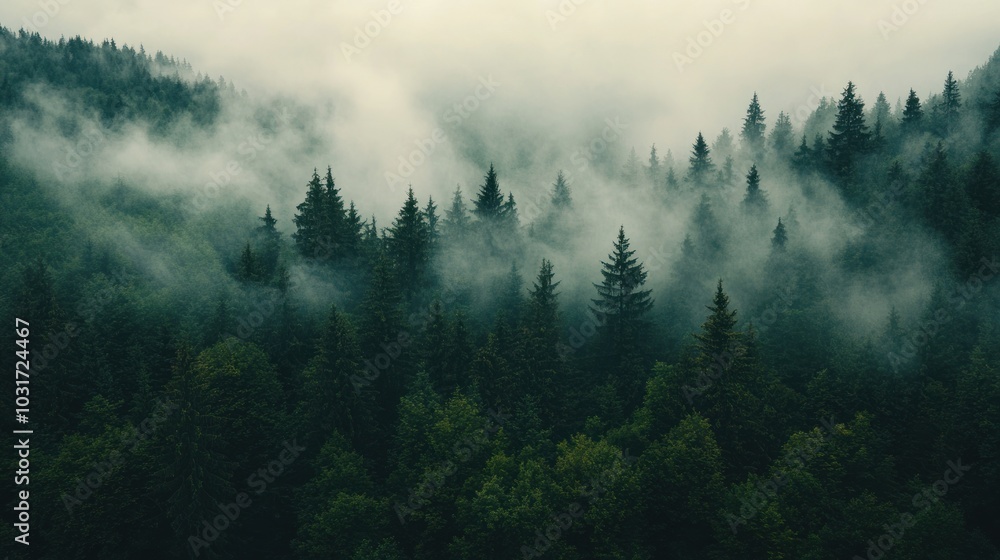 Misty forest landscape with dense trees and fog creating a serene atmosphere. Misty forest landscape with dense trees and fog creating a serene atmosphere.