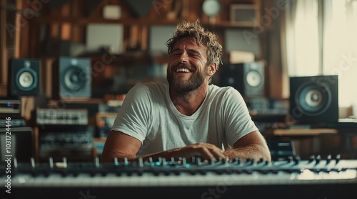 A joyful man in a casual outfit laughing in a music studio, surrounded by sound equipment, synthesizers, and speakers, conveying creativity and passion for music.