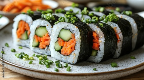 Homemade vegetarian sushi rolls filled with avocado, cucumber, and carrot, served with pickled ginger, soy sauce, and wasabi photo