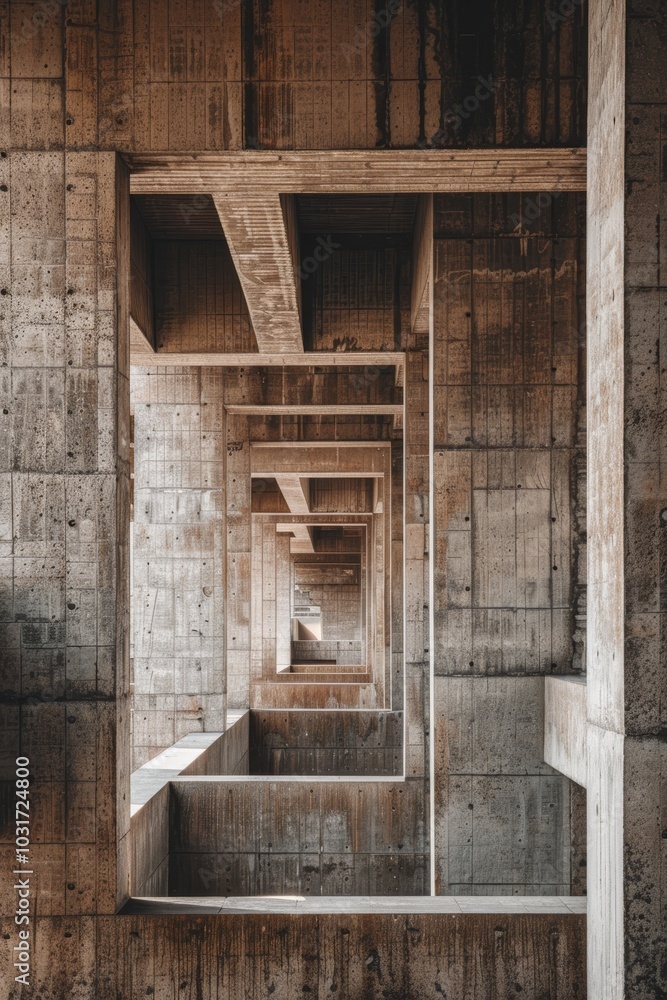 Fototapeta premium Intricate concrete architecture showcases symmetry and depth in an abandoned structure during daylight
