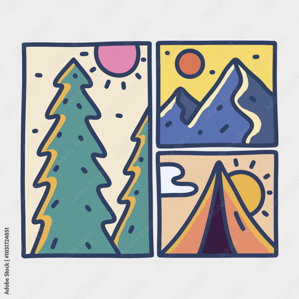 Three part of Nature, camping and mountain illustration for t shirt, sticker and badge Three part of Nature, camping and mountain illustration for t shirt, sticker and badge