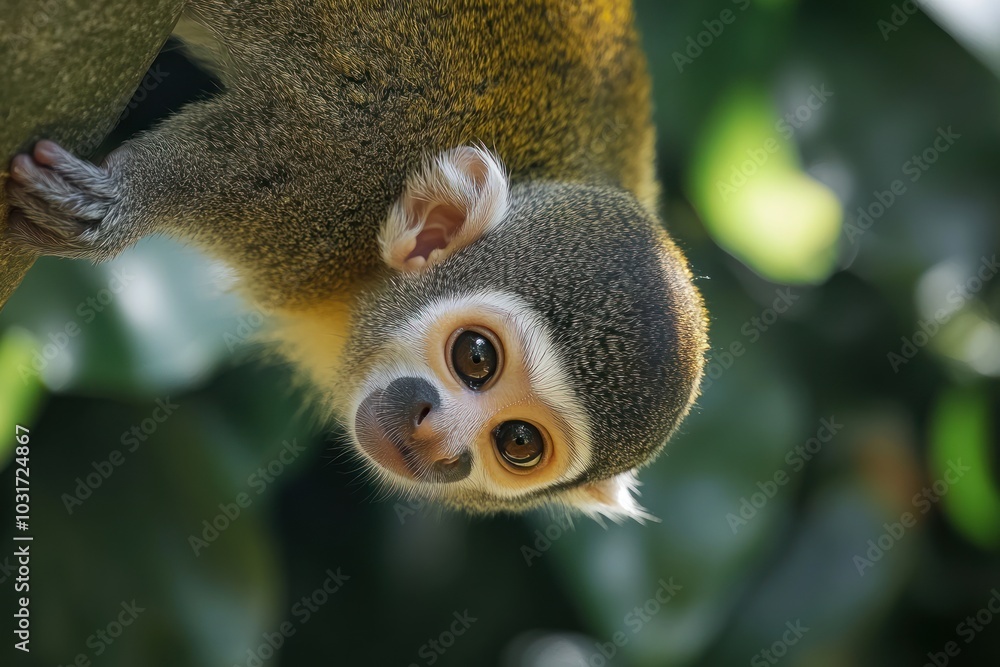 Obraz premium A close-up of a playful monkey hanging upside down among lush greenery.