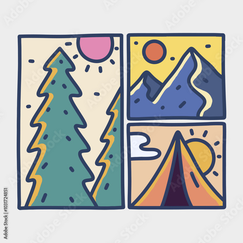 Three part of Nature, camping and mountain illustration for t shirt, sticker and badge