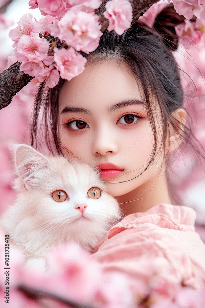 A woman in a pink dress holds a white cat beneath a tree adorned with pink blossoms A woman in a pink dress holds a white cat beneath a tree adorned with pink blossoms