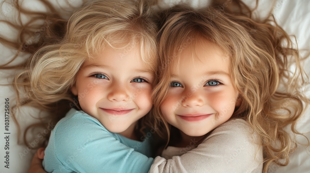Two young girls with radiant smiles embrace each other closely, their playful and joyful expressions capture the innocence and warmth of childhood bonds. Two young girls with radiant smiles embrace each other closely, their playful and joyful expressions capture the innocence and warmth of childhood bonds.