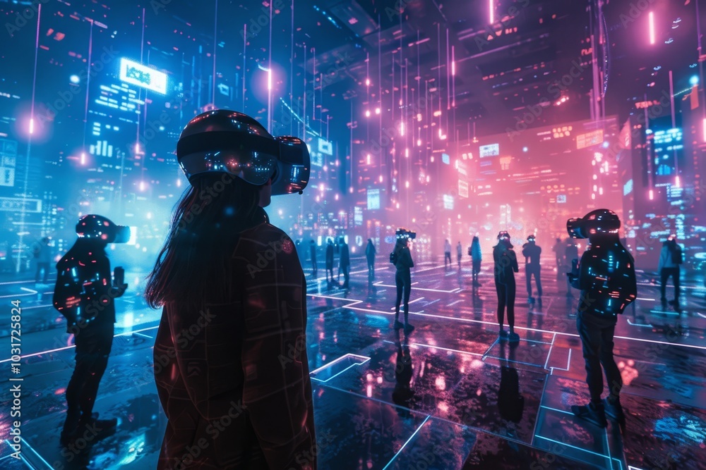 People in futuristic VR headsets experience an immersive digital environment with vibrant lights at a tech event in the evening People in futuristic VR headsets experience an immersive digital environment with vibrant lights at a tech event in the evening