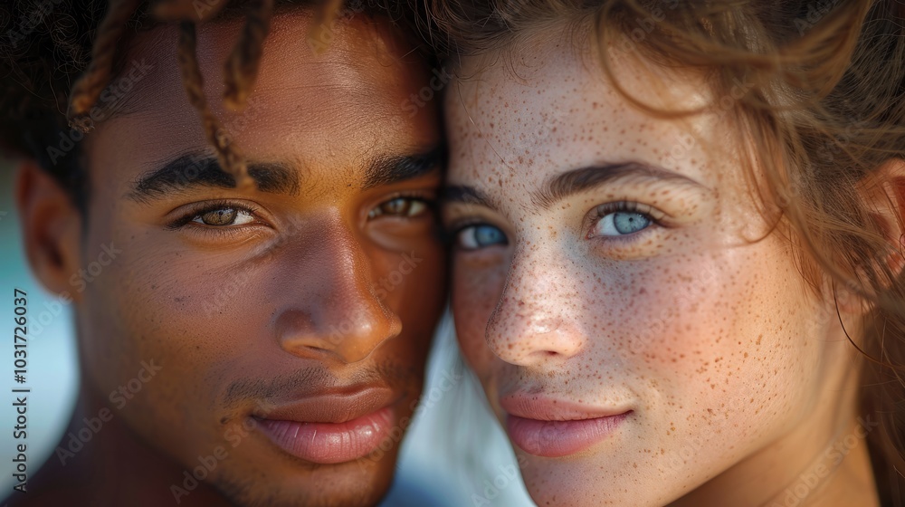 A young man and a young woman stand close together, looking directly at the camera. The man has dark skin, brown eyes, and a short haircut. The woman has fair skin, blue eyes, and long brown hair A young man and a young woman stand close together, looking directly at the camera. The man has dark skin, brown eyes, and a short haircut. The woman has fair skin, blue eyes, and long brown hair