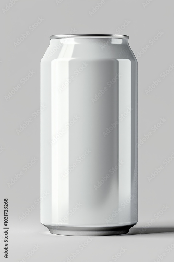 A blank aluminum can standing upright on a minimalistic background, showcasing its sleek design and potential for creative labeling A blank aluminum can standing upright on a minimalistic background, showcasing its sleek design and potential for creative labeling