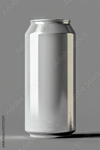 A plain aluminum can rests on a grey background with visible condensation, suggesting a chilled beverage