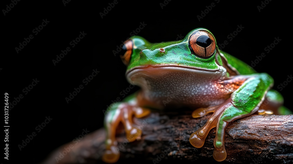 A close-up of a green frog, its eyes reflecting light, poised confidently on a rough-textured tree branch, embodying the harmony of nature's simplicity. A close-up of a green frog, its eyes reflecting light, poised confidently on a rough-textured tree branch, embodying the harmony of nature's simplicity.