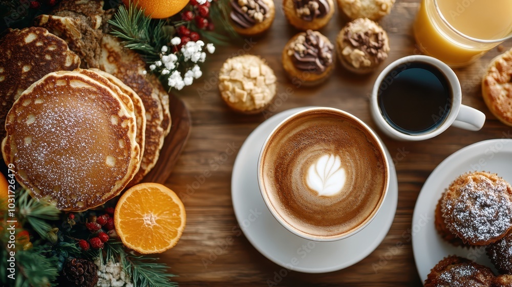 A delicious breakfast scene featuring a cup of coffee alongside freshly baked pastries and pancakes, surrounded by oranges and holiday-themed decorations. A delicious breakfast scene featuring a cup of coffee alongside freshly baked pastries and pancakes, surrounded by oranges and holiday-themed decorations.