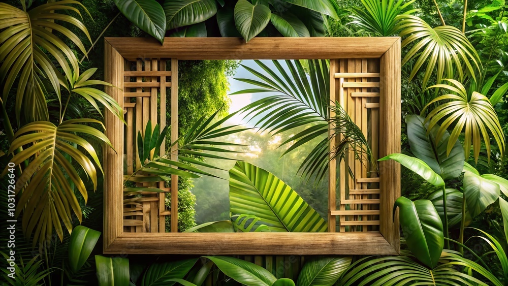 Fototapeta premium Tropical Bamboo Frame with Leaves Cutout for Nature Inspired Decor