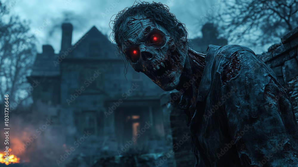 A horrifying, decayed zombie with glowing orange eyes lurks in front of a burning house, set in a foggy and eerie village, creating a terrifying, apocalyptic scene. A horrifying, decayed zombie with glowing orange eyes lurks in front of a burning house, set in a foggy and eerie village, creating a terrifying, apocalyptic scene.
