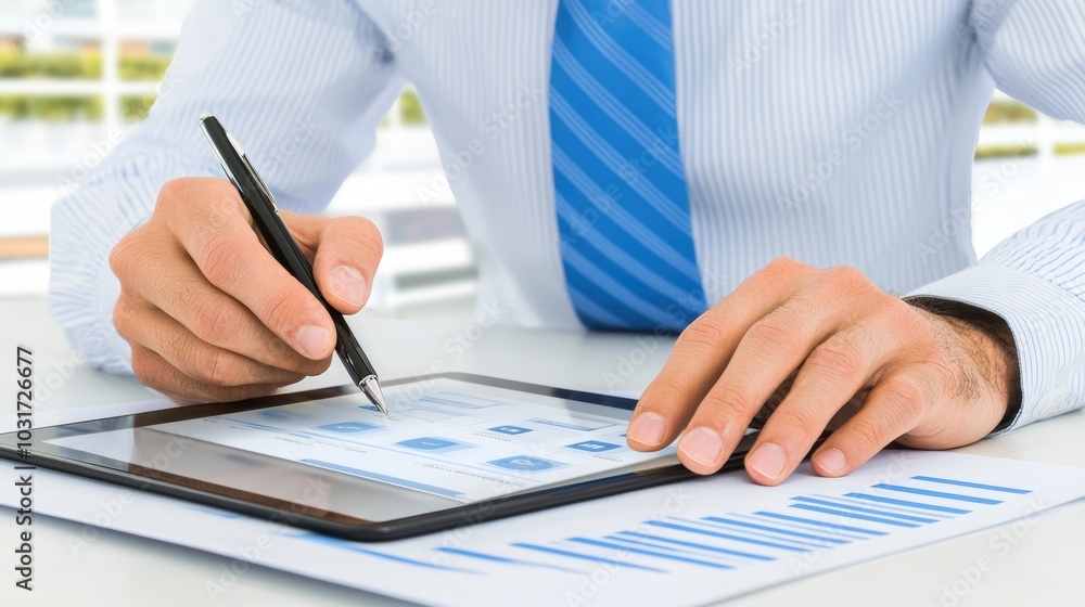 Businessman analyzing financial data and charts on digital tablet in modern office Businessman analyzing financial data and charts on digital tablet in modern office