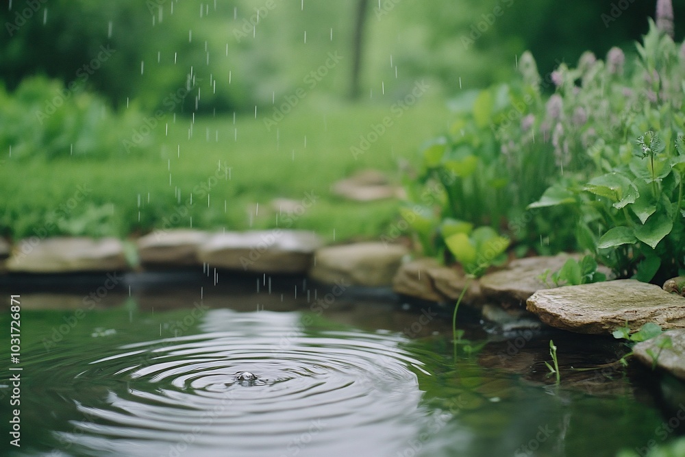 A serene pond with rain creating ripples and lush greenery nearby. A serene pond with rain creating ripples and lush greenery nearby.