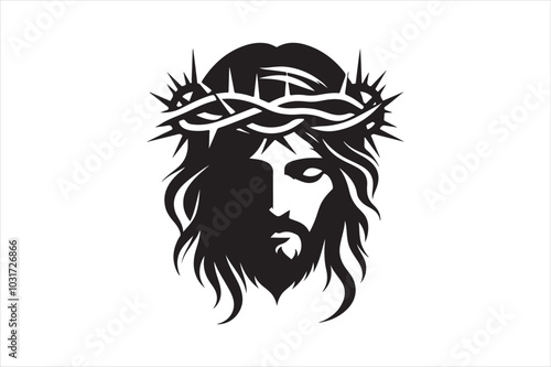 Minimalist Black Silhouette of Jesus Christ with Crown of Thorns  Clean Line Art 75.eps