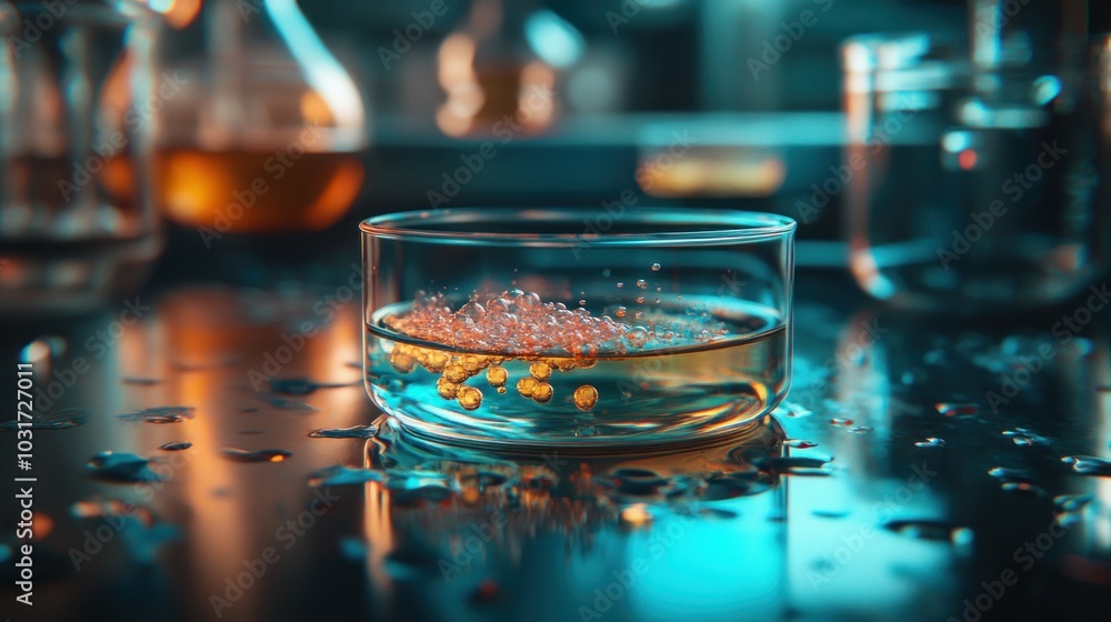 Glass Beaker with Liquid and Bubbles in a Laboratory Setting Glass Beaker with Liquid and Bubbles in a Laboratory Setting