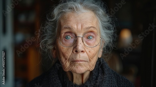 The elderly woman stares contemplatively with blue eyes and gray hair, wrapped in a dark shawl, evoking a sense of wisdom and patience in her expression