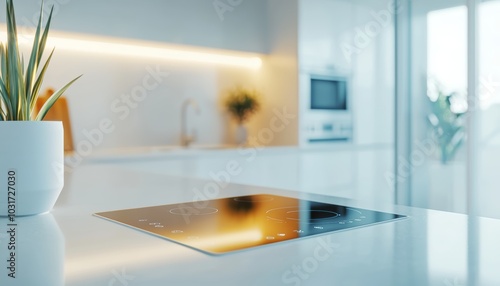 A high-tech induction cooktop with glowing touch controls, isolated on a clean white surface