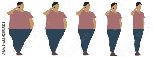 Conceptual fat overweight obese man vs slim fit healthy body after weight loss or diet, white background banner. A  fitness, nutrition or obesity, health care shape illustration vector as silhouettes