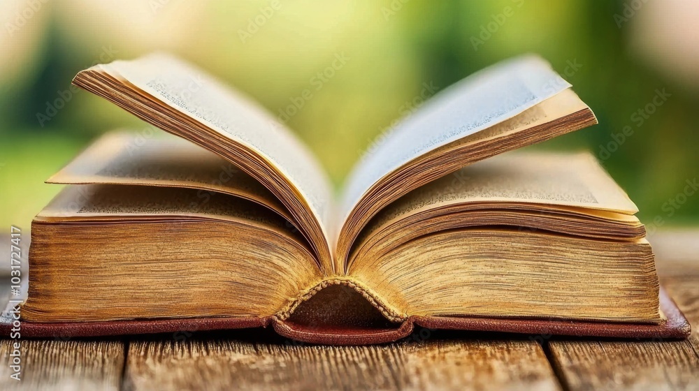 Open hardcover book on wooden table surrounded by natural greenery Open hardcover book on wooden table surrounded by natural greenery