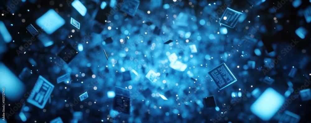Futuristic Digital Data Stream with Floating Cubes in a Blue Cybernetic Space Futuristic Digital Data Stream with Floating Cubes in a Blue Cybernetic Space