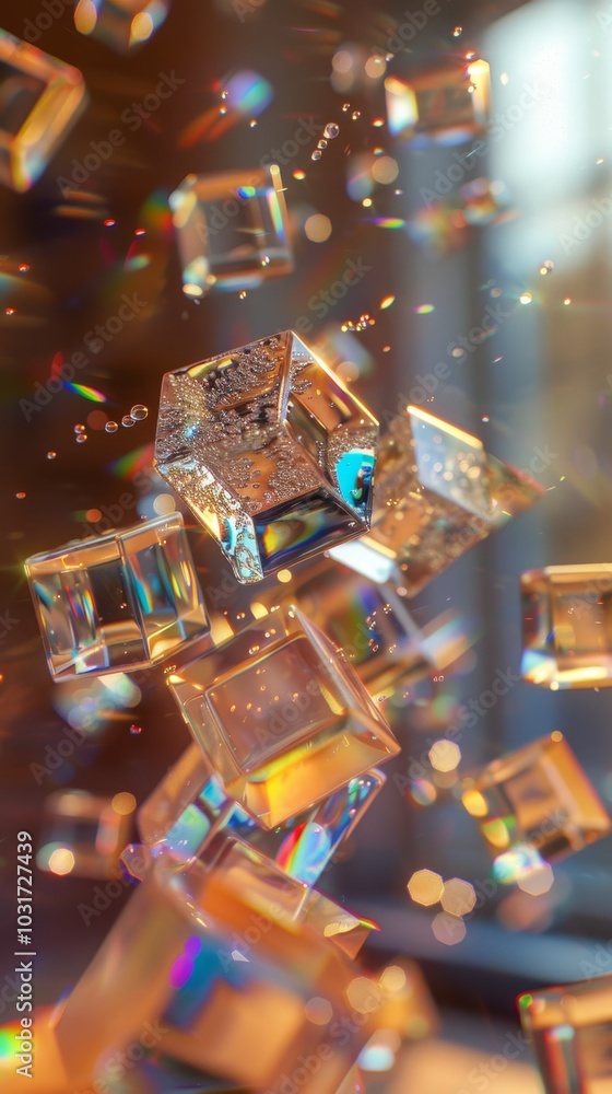Floating glass cubes illuminated by sunlight create a vibrant array of colors, adding beauty to a serene indoor environment Floating glass cubes illuminated by sunlight create a vibrant array of colors, adding beauty to a serene indoor environment